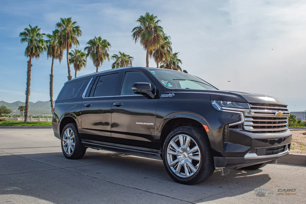 Black Chevrolet Suburban used for private airport transportation in Los Cabos.
